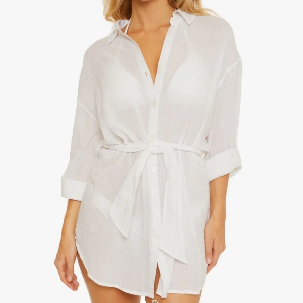 Becca Swim Women's Gauzy Button Front Cover Up Shirt Dress Sz Large